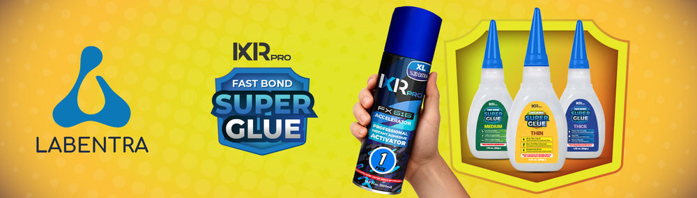 IKR Pro Super Glue can held by a hand with Labentra logo on a yellow background